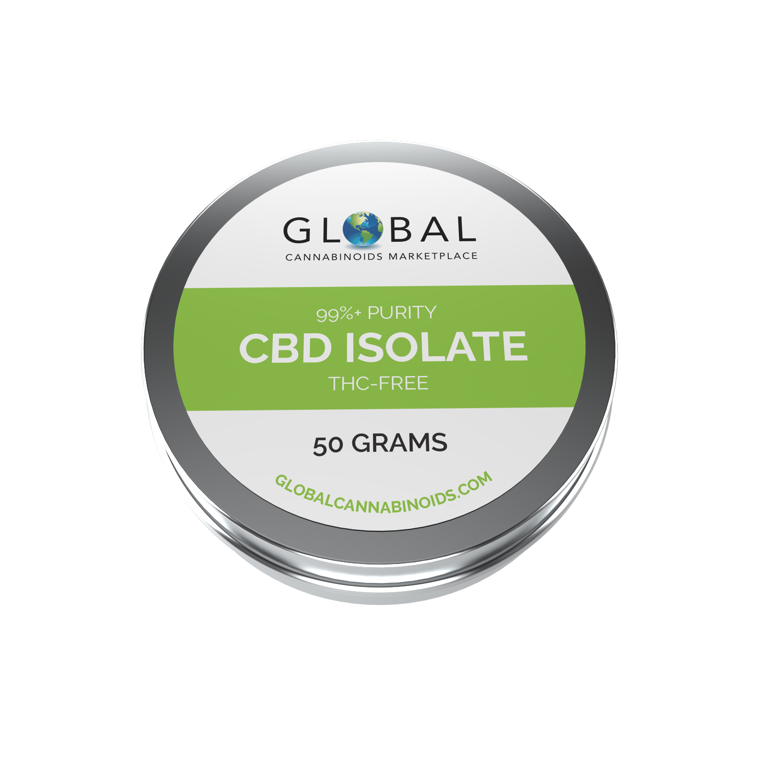 Round flat tin with white and lime green label that reads 99 percent purity cbd isolate thc free 50 grams