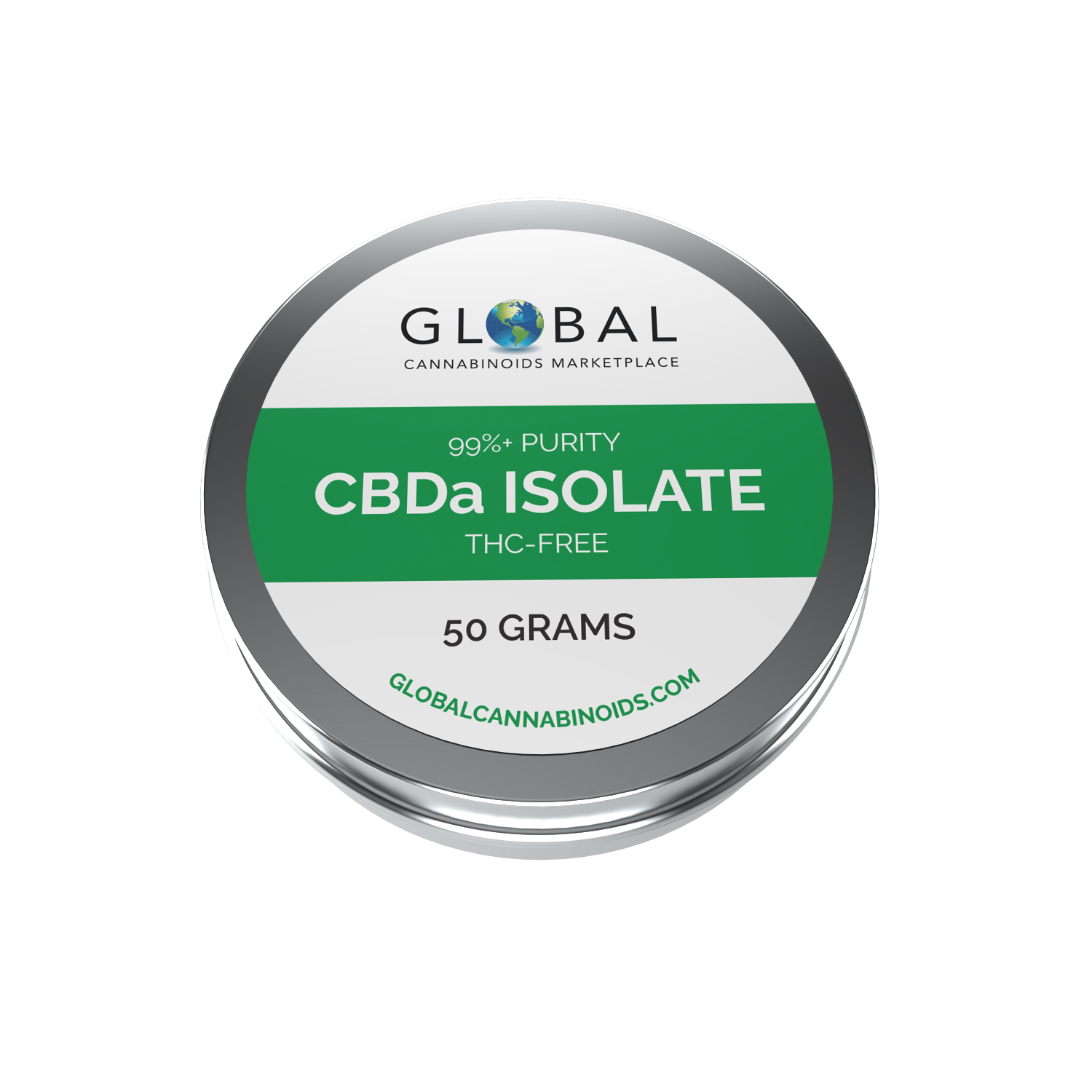 Round flat tin with white and green label that reads 99 percent purity cbda isolate thc free 50 grams