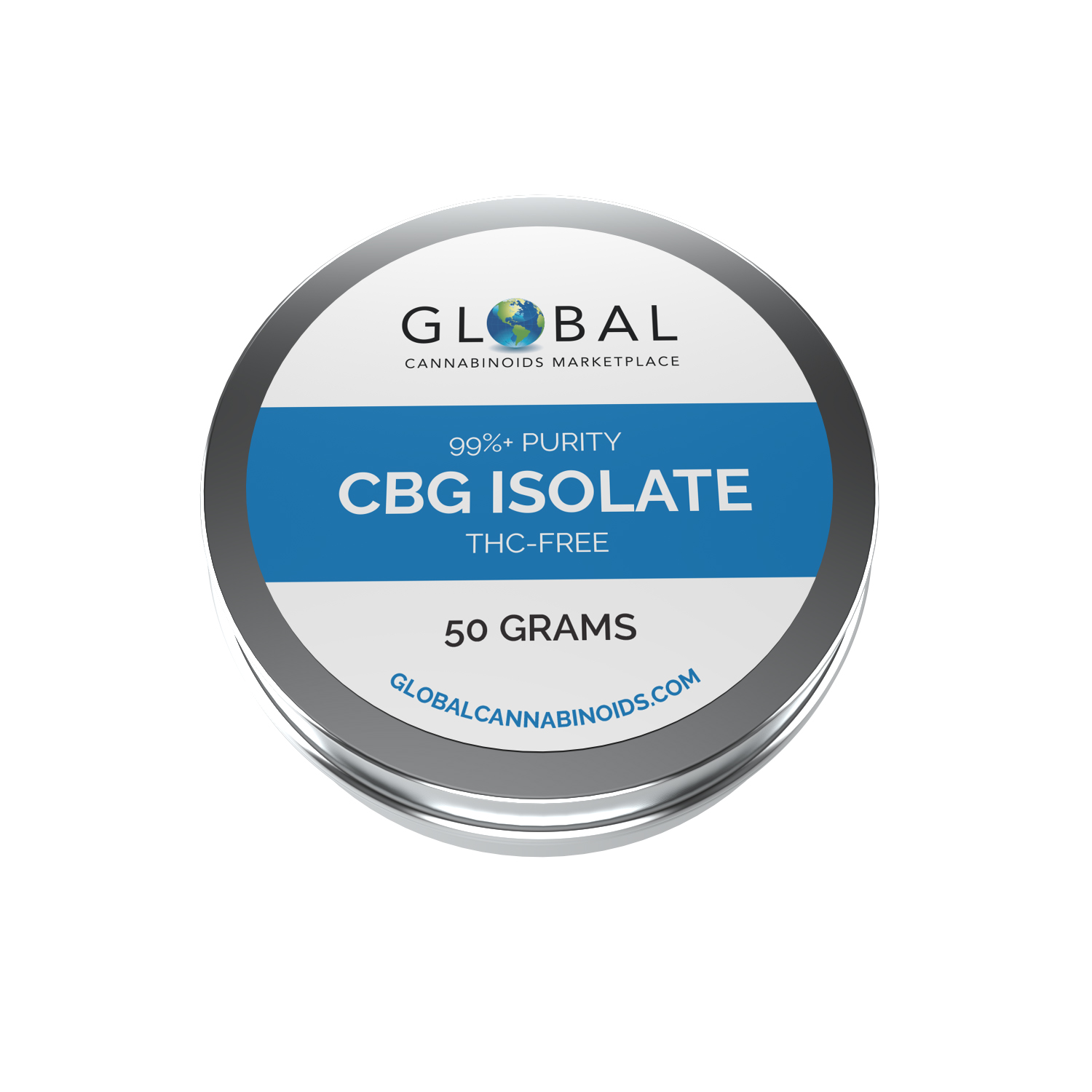 Round flat tin with white and blue label that reads 99 percent purity cbg isolate thc free 50 grams
