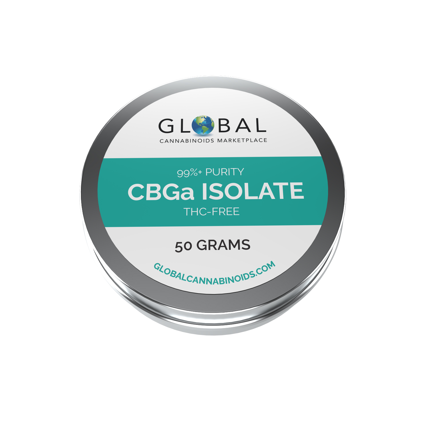 Round flat tin with white and green label that reads Global Cannabinoids Marketplace 99 percent purity CBGa Isolate thc free 50 grams global cannabinoids dot com