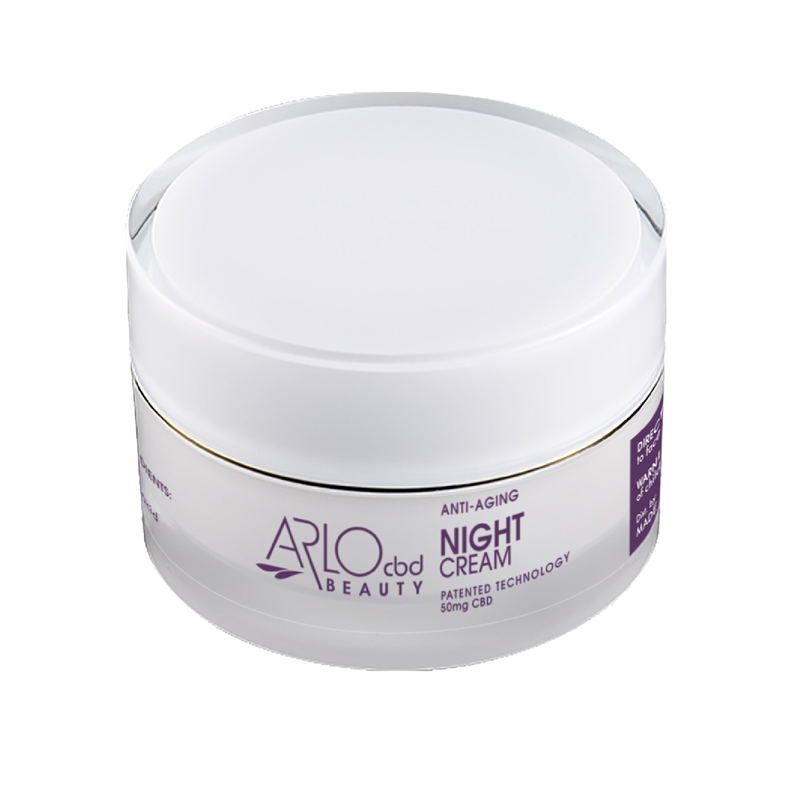 A glass container of ARLO C B D Beauty anti-aging Night cream