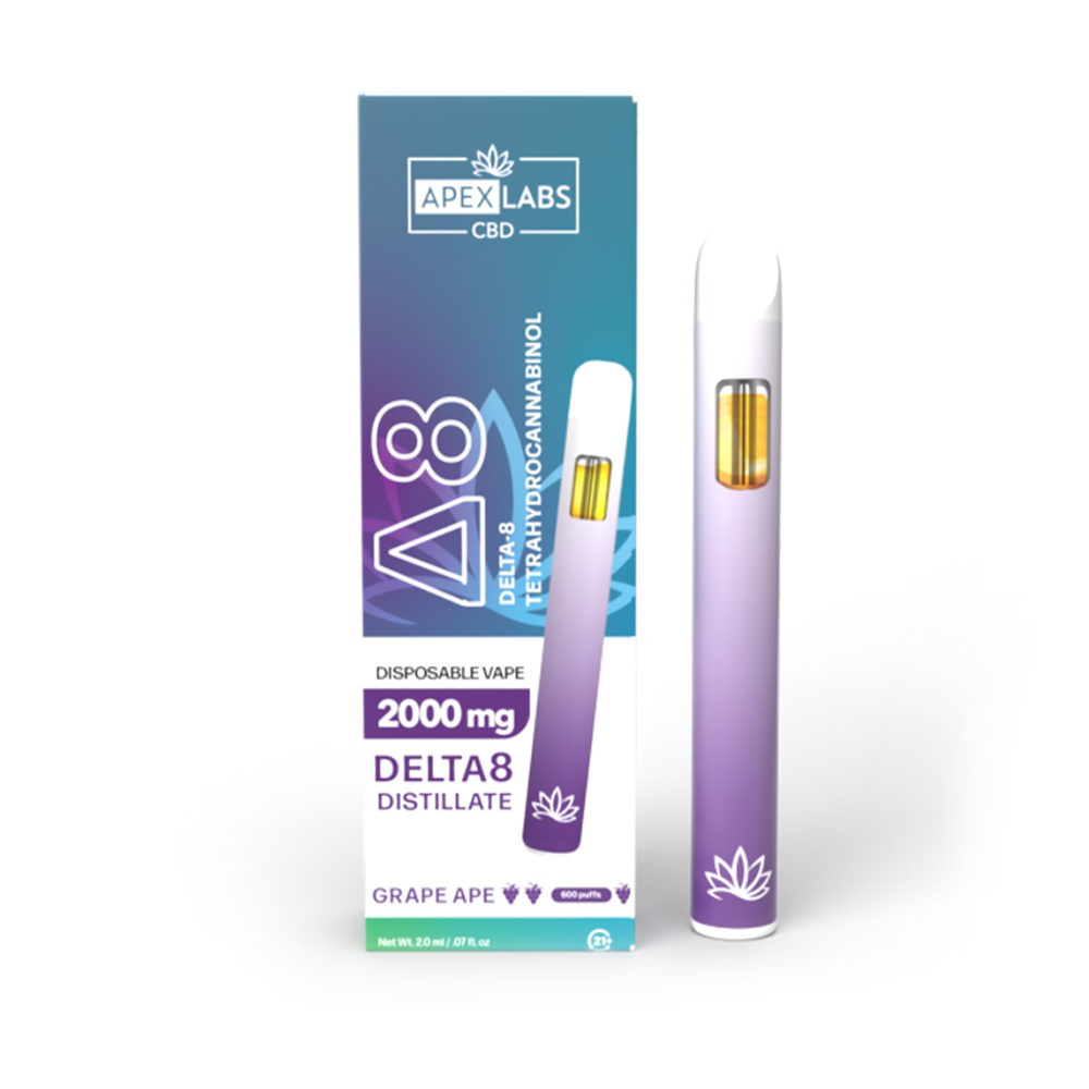 A purple and white grape flavored 2000 milligram delta-8 tetrahydrocannabinol disposable vape pen with the Apex Labs logo printed on the base next to its packaging on a white background.