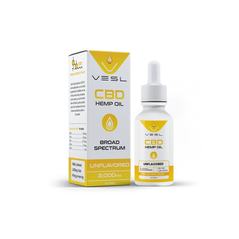 White Vesl brand tincture bottle of unflavored CBD Broad Spectrum 2,000 milligram Hemp oil with yellow accented label next to box on white background