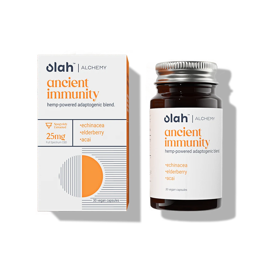 Bottle of Olah alchemy ancient immunity hemp-powered adaptogenic blend made with echinacea, elderberry, and acai powder