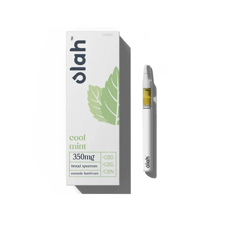 Olah cool mint flavored 350 milligram broad spectrum vaporizer with CBD CBG and CBN made with white ceramic hardware