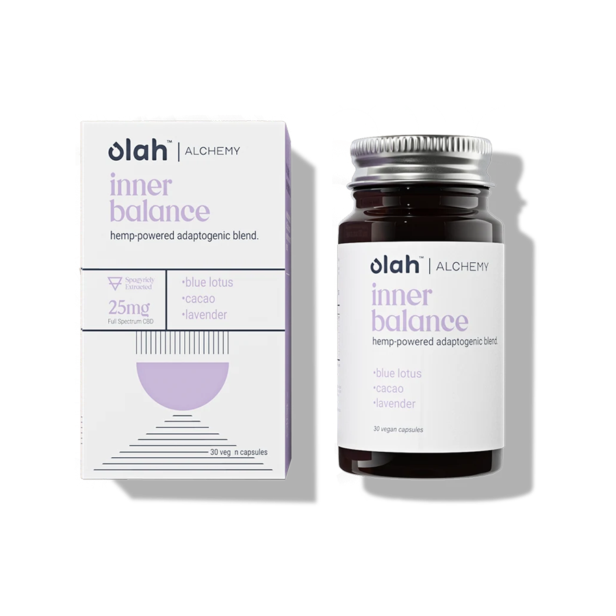 Olah Alchemy inner balance hemp powered adaptogenic blend with blue lotus, cacao, and lavender