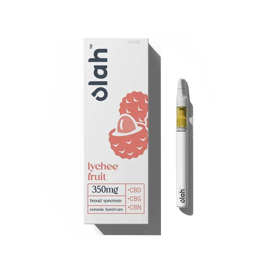 Olah lychee fruit flavored 350 milligram broad spectrum vaporizer with CBD CBG and CBN made with white ceramic hardware