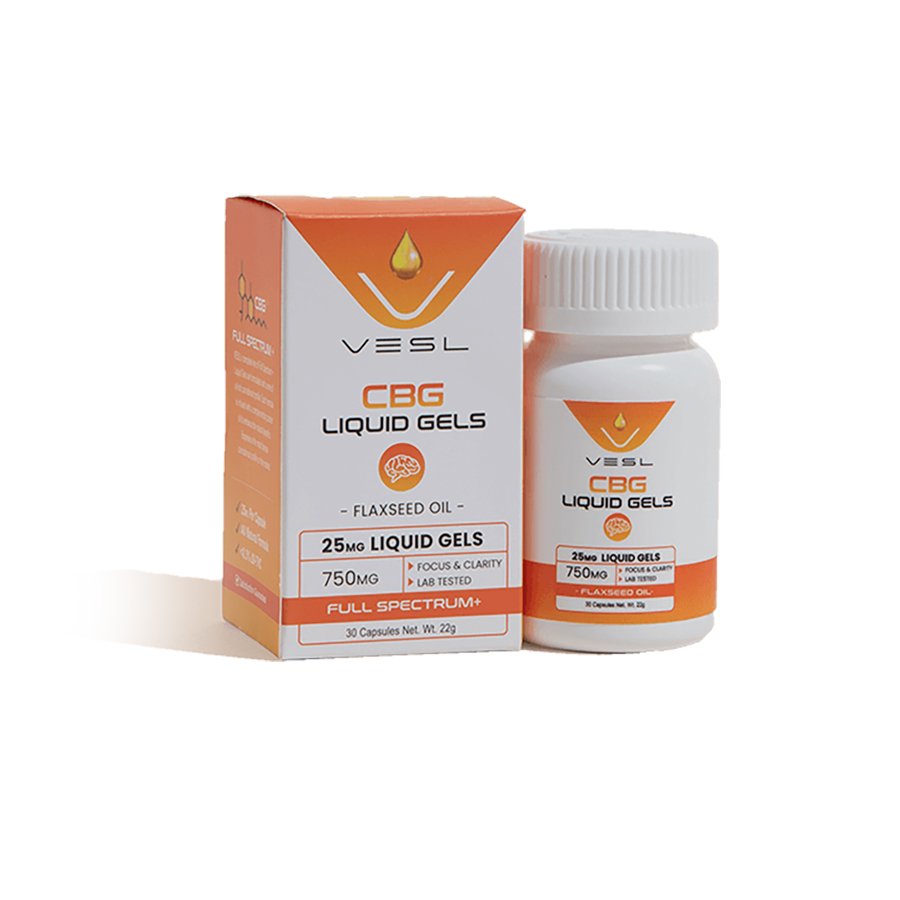 Orange labeled bottle of Vesl brand CBG full spectrum liquid gels next to box on white background
