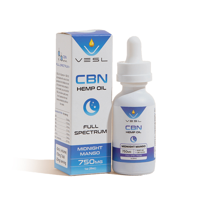 A white Vesl brand midnight mango flavored cbn full spectrum hemp oil tincture bottle with purple and blue accents next to its packaging on a white background.
